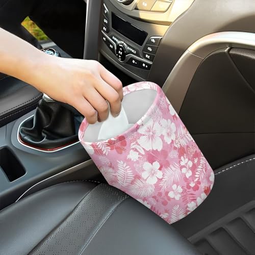 Image of Pink Tropical Flower Trash Can for Car Garbage Can for Back Seat Leak Proof with Adjustable Buttons Car Accessories for Women Interior