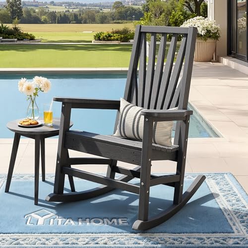 YITAHOME Outdoor Rocking Chair, HDPE Patio Chair with Windsor Backrest & Wide Armrests, Outdoor Chair Rocker for Porch, Balcony, Garden Seating, Gray