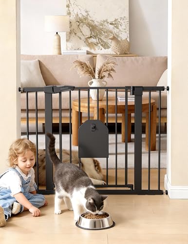 Image of Babelio Auto Close Dog Gate with Cat Door, CatPrivilege I, 29-43 inch | Safety Gate for Doorway & Stairs, Easy Walk Thru with Pet Door, Includes 4 Wall Cups and 3 Extension Pieces, Black