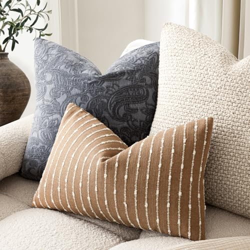 Image of Foindtower Pack of 2 Decorative Jacquard Boucle Lumbar Throw Pillow Covers Accent Textured Striped Pillowcases Cozy Boho Cushion for Couch Sofa Bedroom Living Room Home Decor 12x20 Inch Rust Tobacco