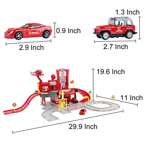 Fajiabao Fire Trucks Toy Garage Playset Race Track Cars Airplane Fireman Learning Toy Vehicle Indoor Party Games Family Assembly Parking Lot Station with Siren Lights Sounds for Kids - Thumbnail 2