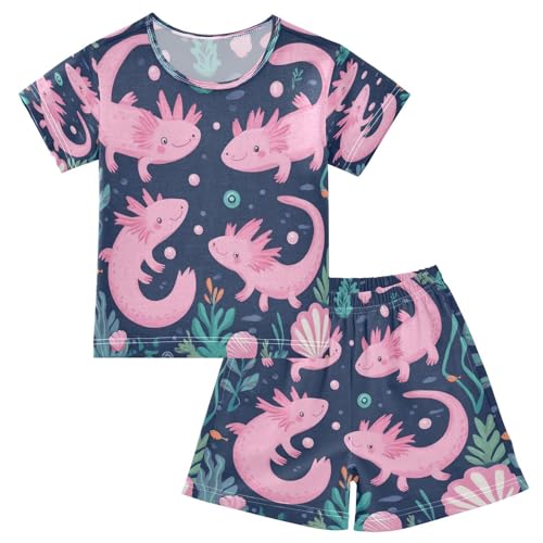 Pajama Sets Short Sleeve Cute Pink Axolotl Pattern Soft Cotton Summer Sleepwear 2 Piece PJS Size 5-14T