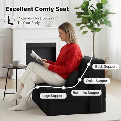 Image of Tiita Convertible Folding Sofa Bed Mattress with Pillow & Side Pocket, Plush Fabric Floor Mattress Couch Bed, Washable Cover, Twin Size, Black