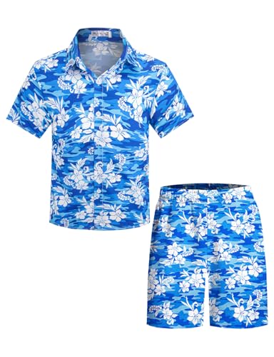 Yoimira Boys Hawaiian Shirt and Short Set Beach Shirts for Kids Printed Casual Outfit 2 Piece with Pocket 7-14 Years
