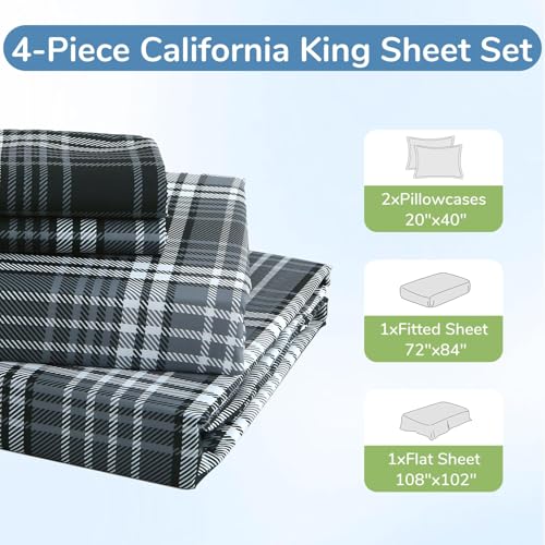 Image of MUXHOMO California King Size 4 Piece Sheet Set, Soft Breathable Bed Sheet Set for Bedroom with Deep Pocket Up to 16 inch, Wrinkle-Free & Cooling Bedding for Oeko-TEX Certified - Black /White Plaid