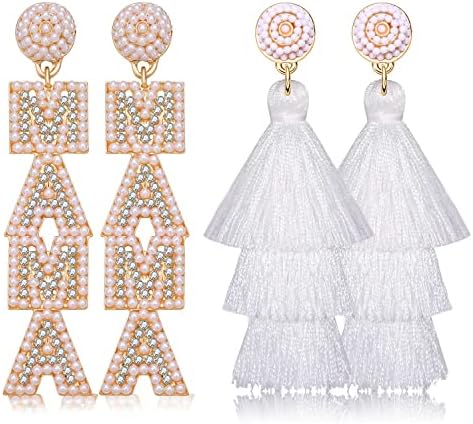 ANGLESJELL Mother’s Day Earrings Beaded MAMA Earrings for Women White Pink Layered Tassel Earrings Birthday Mother’s Day Gifts (White)