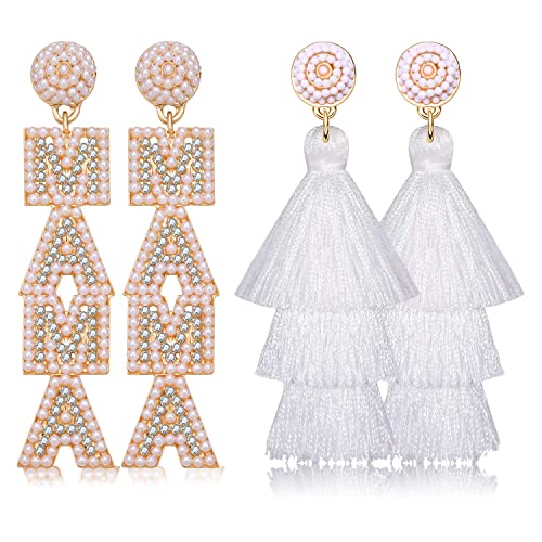 Anglesjell Mother’s Day Earrings Beaded Mama Earrings For Women White Pink Layered Tassel Earrings Birthday Mother’s Day Gifts (White) #TOP23