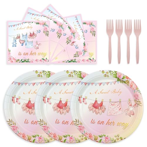 75PCS Floral Baby Girl Shower Plates and Napkins Decorations Party Favors 7Inch A Sweet Baby Is on Her Way Paper Dessert Plates Disposable Tableware Party Supplies