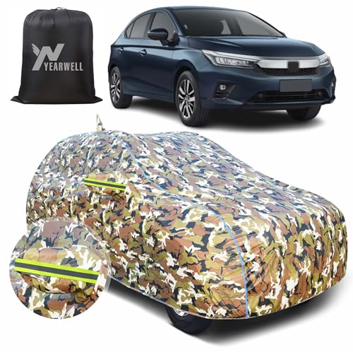 Image of Car Body Cover for Honda City, 100% Waterproof with Mirror & Antenna Pockets, Military Print Design, UV & Dust Protection, Triple Stitched, Sky Piping & Reflector (Jungle Print)
