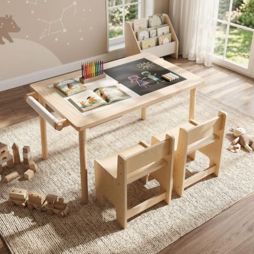 Image of Costzon Toddler Table and Chair Set, Wooden Sensory Table w /2-Sided Boards & 2 Foldable Storage Bins, All-in-One Kids Activity Table for Drawing, Crafting, Sand and Water Play (Light Wood Tone, 3 PCS)