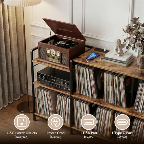 Image of Faesun Vinyl Record Player Stand, Black | Record Storage Shelf Up to 500+ vinyl records, Turntable Stand with power outlets,vinyl record cabinet for Living Room