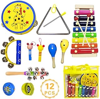 ToyerBee Musical Instruments Toys Set for Kids, 15PCS Wooden Percussion Instruments for Toddlers, Preschool& Educational Toy with StorageBag, Tambourine, Maracas, Castanets& More for Boys and Girls.