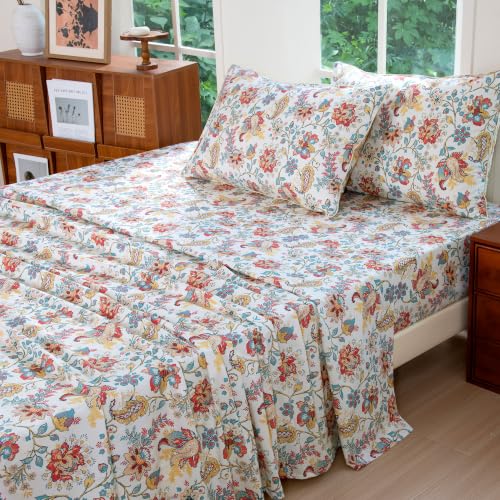 Image of FADFAY Full Ivory 100% Egyptian Cotton Paisley Sheets Set 4 Piece, Vintage Botanical Cottagecore Bedding, Soft Breathable Boho Floral Farmhouse Bedding with Deep Pocket Fitted Sheet for All Seasons