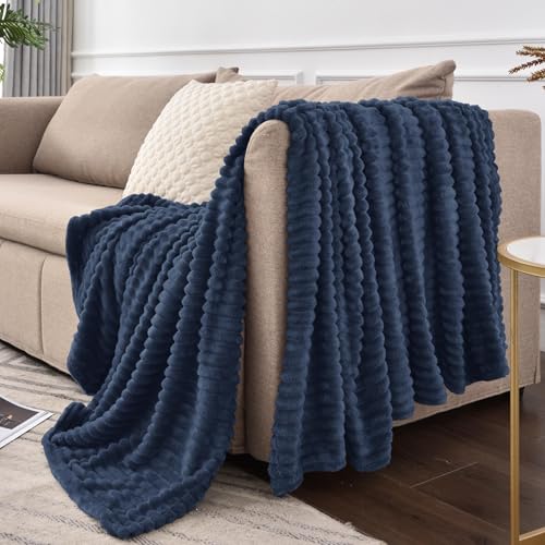 Image of BEDELITE Fleece Throw Blanket for Couch - 3D Ribbed Jacquard Soft and Warm Decorative Fuzzy Blanket - Cozy, Fluffy, Plush Lightweight Navy Throw Blankets for Bed, Sofa, 50x70 inches