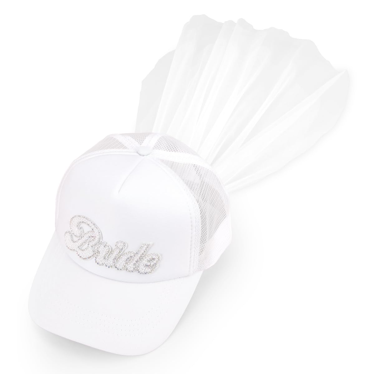 Bachelorette Bride White Trucker Hat - Detachable Veil | Bach Party Decorations, Pearl Bride to Be Head Accessory, Bridesmaid Gift, Engagement Party Supplies, Cute Garden Party Cap