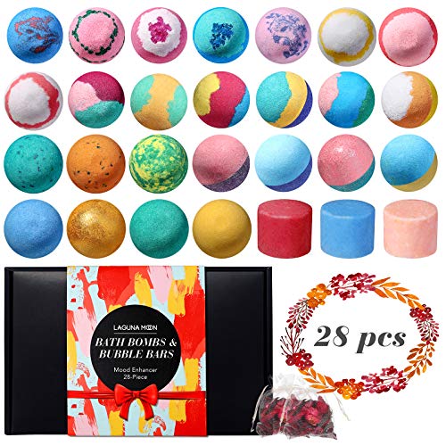 28 Pcs Bath Bombs Gift Set, Lagunamoon Handmade Bath Bombs with Bubble Bar, Vegan Pure Essential Oils & Coconut Oil & Shea Butter, Fizzy Spa Kit - Best Birthday Gifts for Women, Girls, Kids