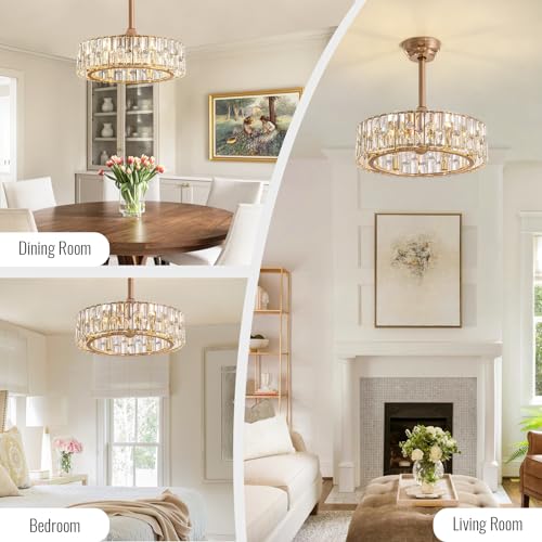 Image of Siljoy Modern Gold Caged Crystal Ceiling Fans with Lights and Remote, 20'' | Crystal Chandelier with Fan, 6 Fan Speeds, Reversible Blade, Quiet Performance, 6-Light Fandelier Bedroom Living Room Nursery