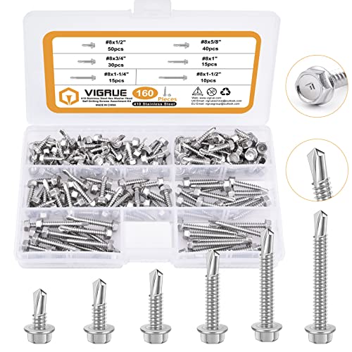 VIGRUE 160 Stück Selbstschneidende Schrauben 410 Edelstahl Bohrschrauben Blechschrauben M4.2 Sechskantscheibenkopf 6 Größen Selbstbohrender Schraubensatz für Metall Holz Möbel Elektrogeräte...