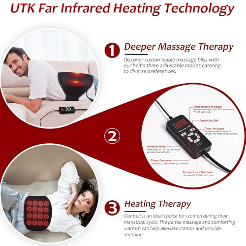 UTK Vibrating Far Infrared Heating Pad for Back Pain Relief, Hot to 159℉, Lower Back Massager Gift for Women Men, FSA-HSA Eligible, 3 Vibration, 16 Timers Auto-Off, 20 Jades, 35-55" Adjustable Size - Image 5