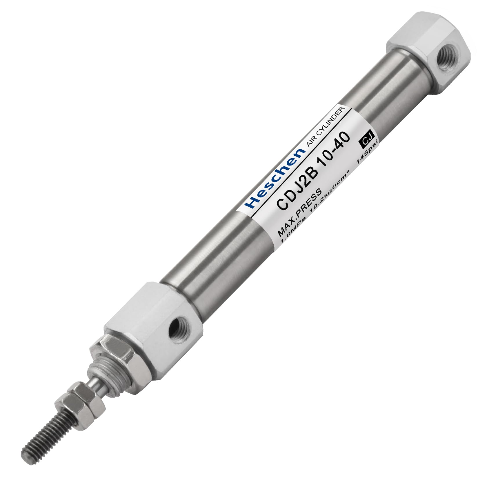 Heschen Silver Stainless Steel Slim Air Pneumatic Cylinder, Cdj2b 10-40, M5 Port, 10Mm Bore, 40Mm Stroke, Double Acting Single Rod