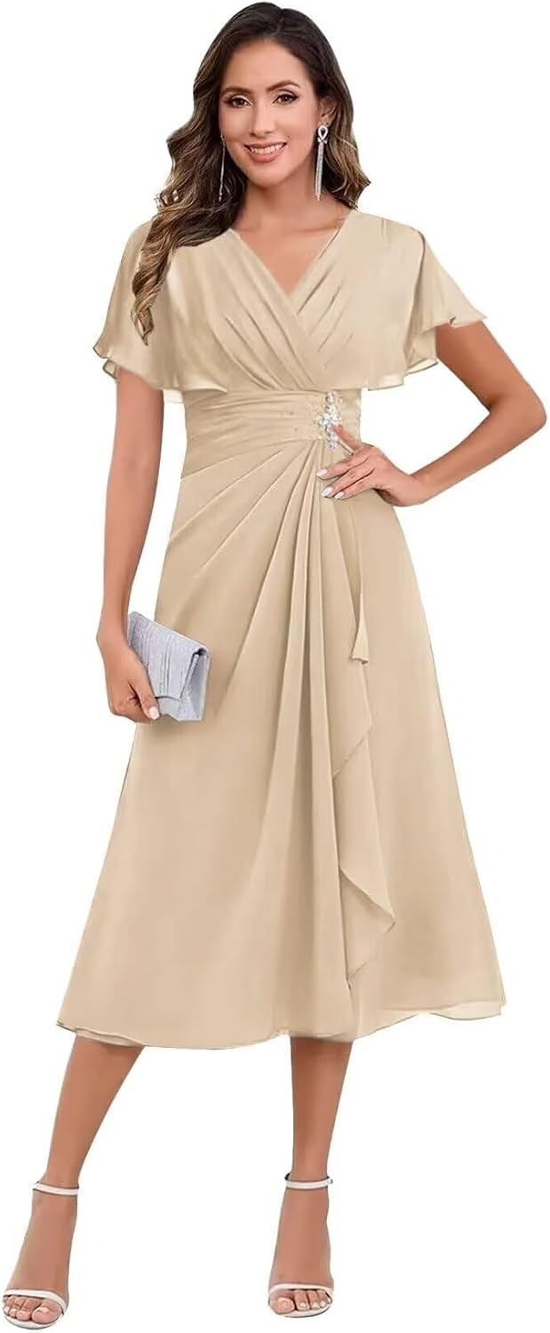 Tea Length Mother of The Bride Dresses for Women V-Neck Crystal Brooch Chiffon Formal Evening Wedding Guest Gowns