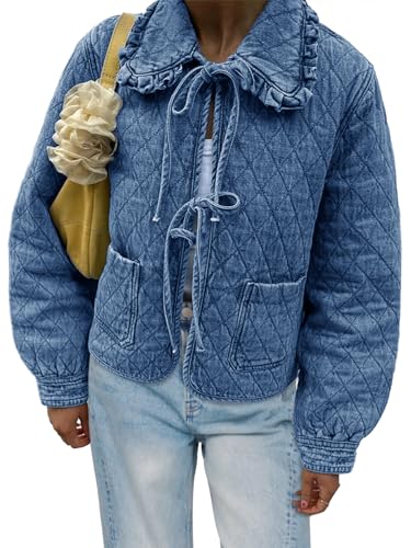 Tankaneo Womens Quilted Denim Puffer Jackets Tie Front Bow Cropped Puffy Jackets Fall Cute Short Jeans Coat
