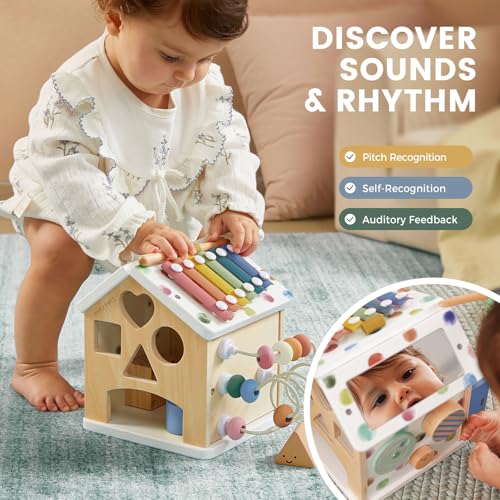 Image of Tiny Land 9-in-1 Wooden Activity Cube, Educational Toy for Toddlers