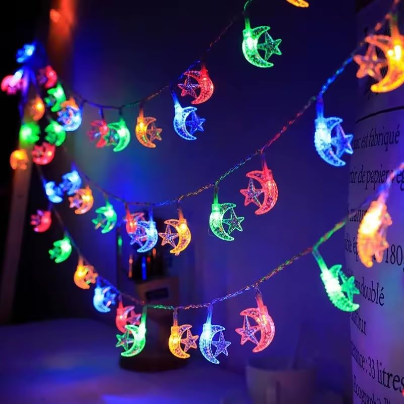 Eid Ramadan String Lights, Moon and Star Crescent Fairy Lights, LED, 10 Lights, 2m Length, Decorative Lighting (Multicolour)