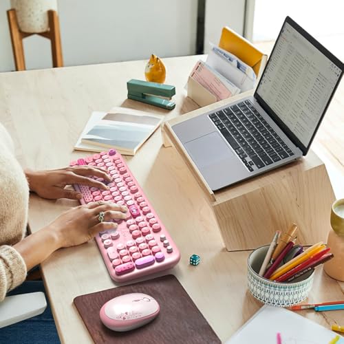 Image of Atelus Wireless Keyboard and Mouse, Typewriter Full Size Keyboard with Number Pad and 2 in 1 USB Connected Mouse for Windows 7 /8 /10, Laptop, Desktop, PC, Computer (Pink Colorful)