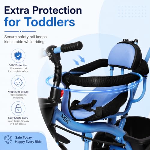 Image of MEA Kids Tricycle with Parent Push Handle for Toddlers|Baby Trike with Safety Guard Rail, Comfortable Cushioned Seat, Storage Basket & Footrest|Ride-On Cycle for Boys & Girls (Blue) (Without Canopy)