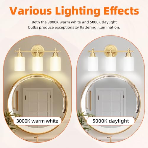 Image of 3-Light Gold Bathroom Vanity Light Fixtures, Brushed Gold Wall Sconce, Champagne Gold Vanity Light with Milky White Glass Shade Over Mirror, Bathroom, Bedroom, Modern Style, E26 Base