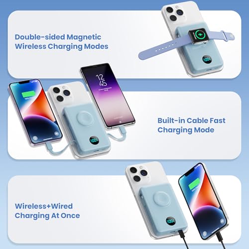 Image of 6 in 1 Magnetic Portable Charger for iPhone with Built-in Cables, 10800mAh 25W PD Fast Charging Power Bank, 6 Outputs LCD Display Travel Essential Battery Pack for iPhone 17 /16 /15 /14 /13 /12 (Sky Blue)