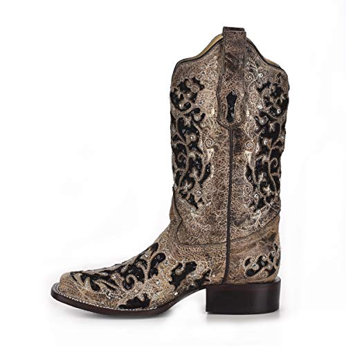 CORRAL A3648 Floral Embroidered Glitter Inlay and Studs Square Toe Boots4