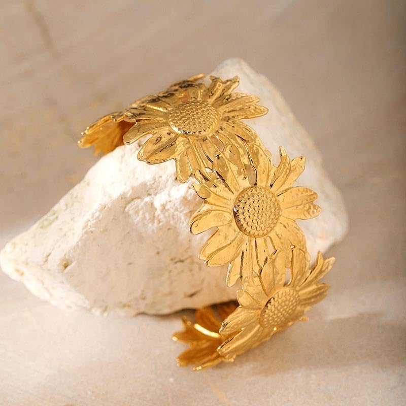 Chunky Flower Bracelet Dainty Gold Sunflower Cuff Bracelet Golden Open Bangle Silver Flower Cuffs Wide Floral Accessories Gift for Women Simple Minimalis Fashion Vintage Jewelry - Image 6