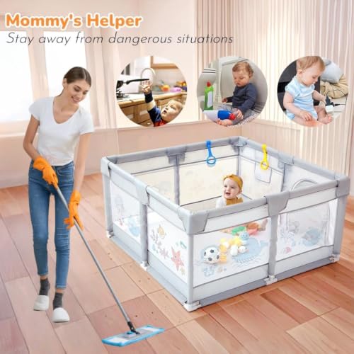 Image of Dawnwake 120 x 120 cm Small Playpen for Baby 6M-3Y, Baby Playard with Anti-Fall Grasp Rings & Safety Lock ((No Mat /No Ball, Non-Foldable)-Grey