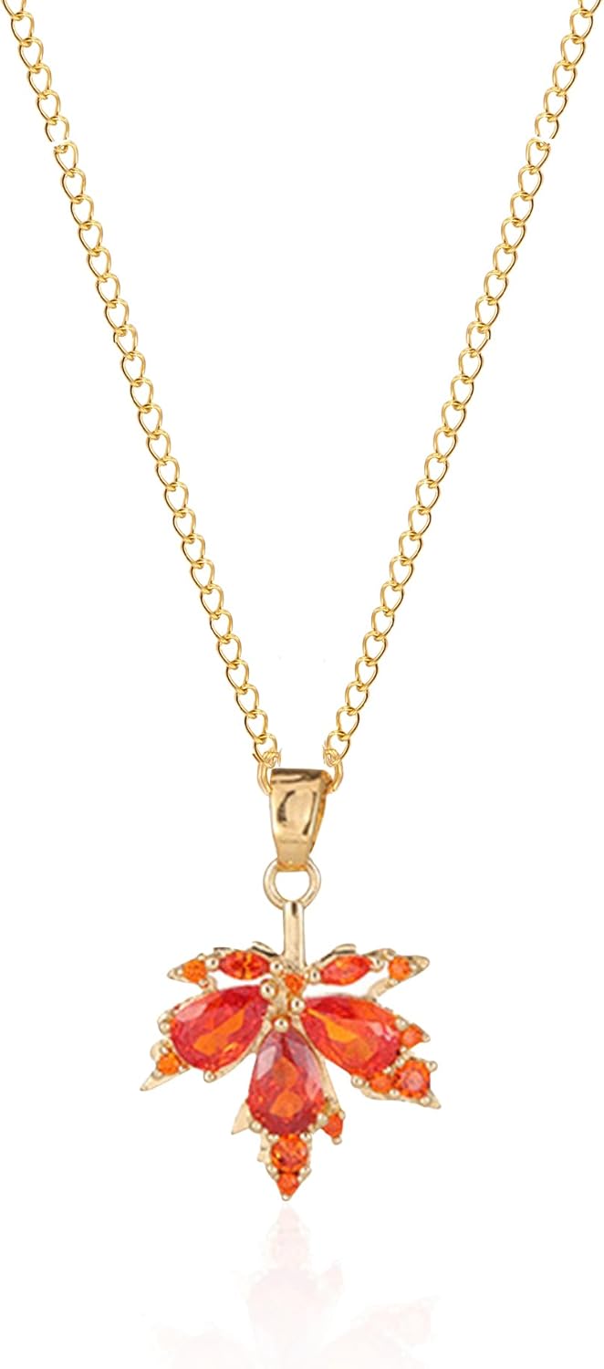 Maple leaf Dainty Chain Simple Pendant Necklace for Women Cute Cubic Zirconia Dangle Statement Thanksgiving Christmas Jewelry Gift
