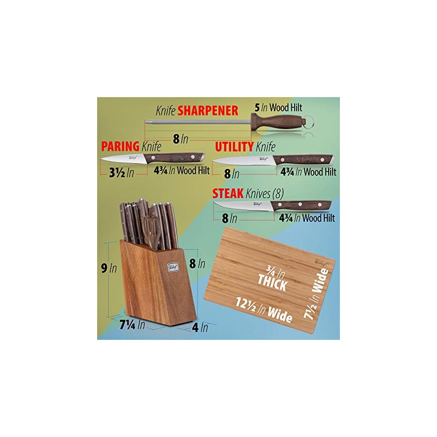 Deco Chef 16 Piece Kitchen Knife Set Stainless Steel with Wood Handles, 8" Chef Knife, 6.5" Cleaver, 8" Bread Knife, 8" Slicing Knife, 4.5" Paring Knife, 6pcs Steak Knives, Kitchen Shears, and more