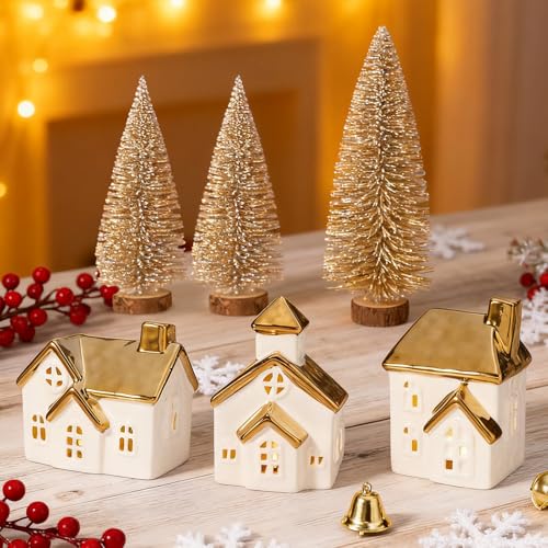 Weihnachtsdörfer Deko 25 DN DECONATION Weihnachtsdeko Häuser Set, 6-teilig: 3 weiße & goldene...