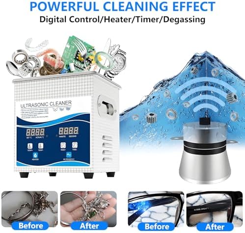 40kHz Ultrasonic Cleaning Machine with Heater & Timer - Digital Jewelry Cleaner for Glass, Eyeglasses, Dental Parts - Includes Baskets, 915-15L, Degassing Feature