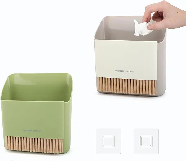 SAYAPE Small Broom and Dustpan Set, Portable Hand Whisk Broom Brush, Mini Hanging Trash Can, Soft Bristle Household Brooms with Dust Pan Combo Set for Cleaning Home, Desktops - 2 Pack (Gray+Green)