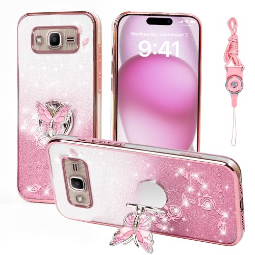 RTYQXK for Samsung Galaxy J2 Prime Phone Case,for Samsung J2 Ace Mobile Phone Case for Women and Girl, Glitter Butterfly Floral TPU Protective Cover with Kickstand+Strap for Samsung G530 (Pink)
