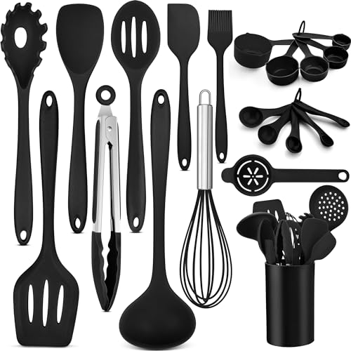 HaWare Küchenhelfer, 21 Stück Silikon Küchenutensilien Kochbesteck Set, Hitzebeständig Kochutensilien Kochgeschirr mit Utensilienhalter, Antihaft Küchenset für Kochen Backen, Spülmashinenfest, Schwarz