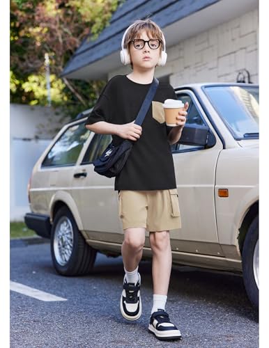 Image of Arshiner Boys' 2-Piece Cotton Outfit Short Sleeve Crewneck T-Shirt & Cargo Shorts Set Summer Casual Clothes for Kids 5-13