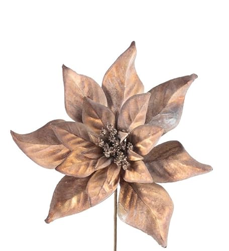 Napco Large 7 x 9 Metallic Bronze Gold Poinsettia Christmas Floral Pick 7” H x 9” Dia Acrylic Glittered Holiday Stem for Tree, Wreath, Garland, & Centerpiece Decor