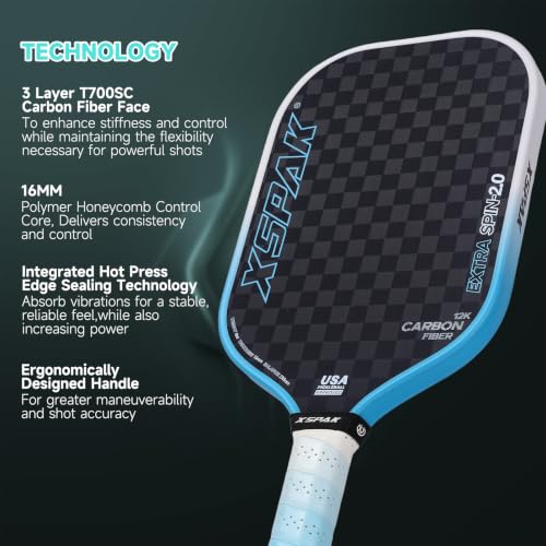 Image of 12K Carbon Fiber Pickleball Paddles, USAPA Polypropylene Honeycomb Paddle with Cushion Comfort Grip, SPIN2.0 World Champion Surface Technology Options Pickleball Racket
