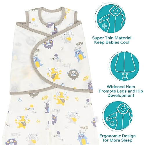 Zigjoy Baby Swaddle Wearable Blanket 3-Way Adjustable 0.5 Tog Transtion Sleep Sack 100% Cotton For Newborn Infant Boy Girl 6-12 Months Little Monster #TOP1