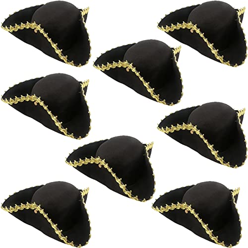 SGBETTER 8 Pack Black Pirate Hat Felt Tricorn Hat with Gold Trimming Tricorn Party Hat for Halloween Cosplay Pirate Theme Dress Up