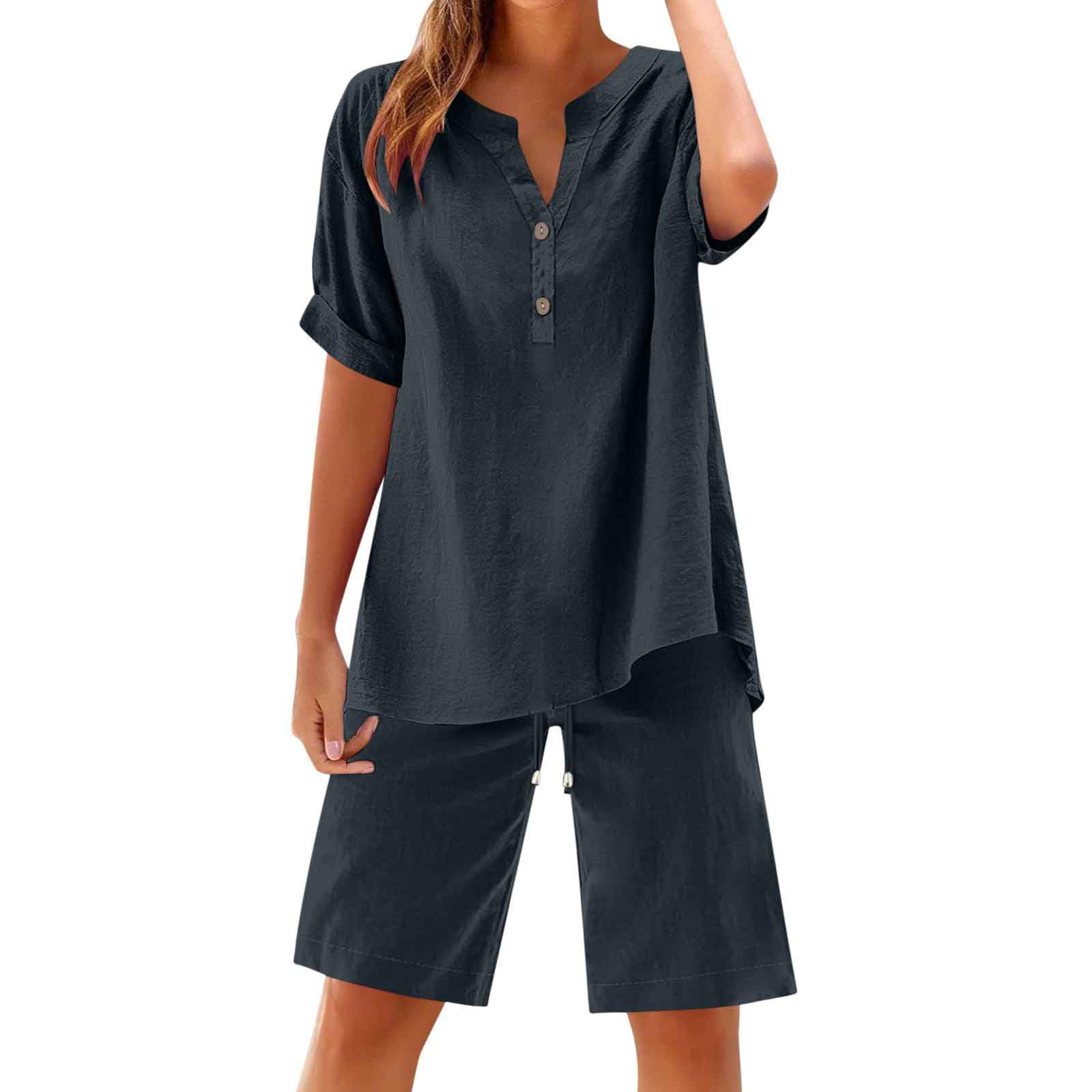 RLEHJN Zweiteiler Damen,Leinen Outfits Sommer Zweiteilige Freizeitanzug Baumwolle Leicht Hosenanzug Lose Kurzarm Tshirt und Shorts Tracksuit mit Taschen Jogginganzug Einfarbig 2-Teilige Sportanzug