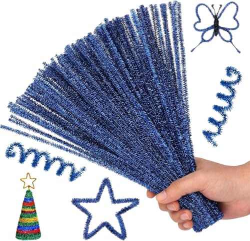Image of Pipe Cleaners Craft, Pipe Cleaners Chenille Stem Fuzzy Sticks Craft Supplies for flowers making, Home DIY (Blue Sparkle, 200pc)