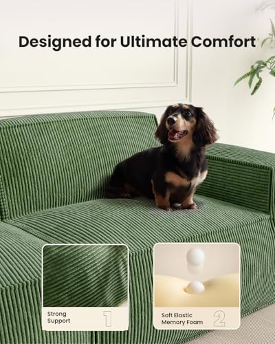Amada 80" L Shaped Sofa Modular, Corduroy Clopud Couches with Deep Seats &High-Back, Upholstered Couches for Living Room Bedroom with Ottoman, No Assembly Required(2-Seater&1 Ottoman,Green) - Image 5